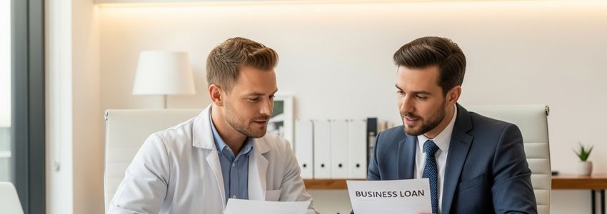 Chiropractor and financial advisor reviewing business loan documents for a chiropractic practice