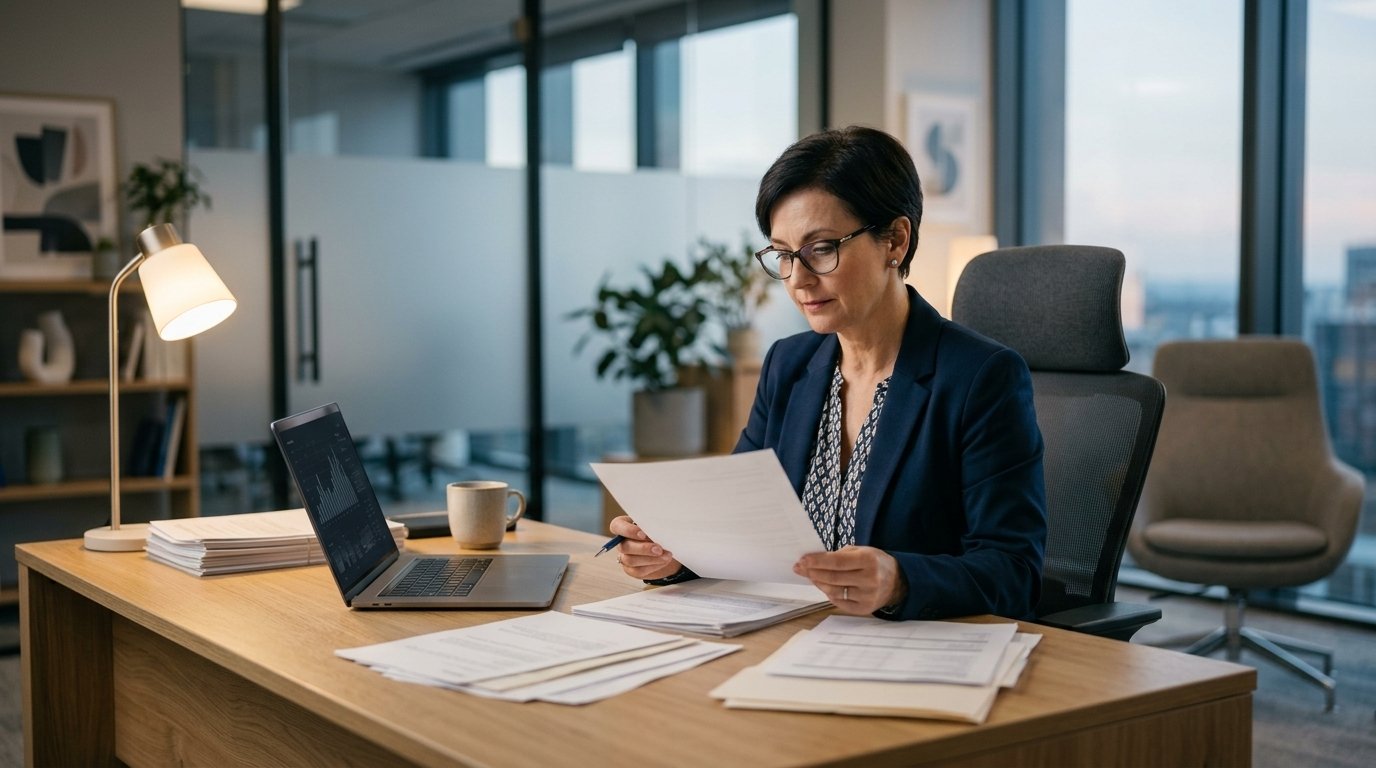 Small business owner reviewing chiropractic practice loan documents at a modern office desk