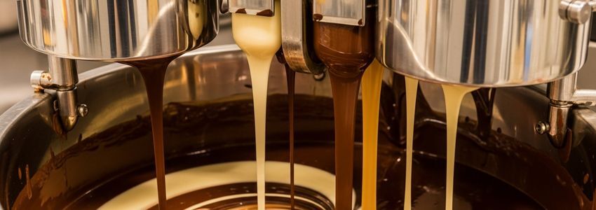 Commercial chocolate tempering machine processing liquid chocolate in confectionery manufacturing facility