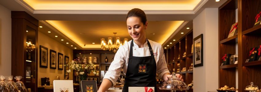 Chocolate shop owner organizing artisan chocolates in their boutique retail store