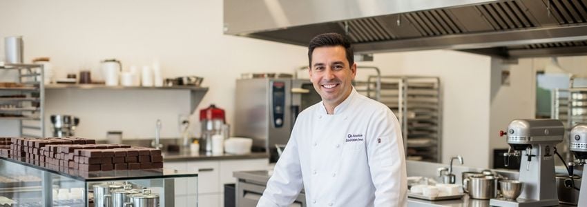 Professional chocolatier reviewing chocolate tempering machine financing options in a commercial kitchen