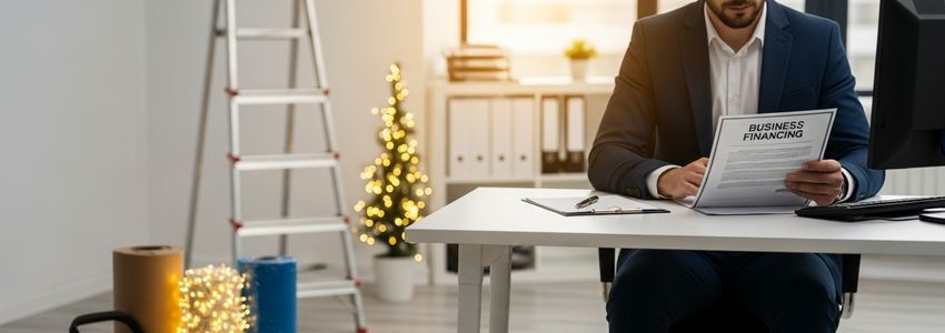 Business owner reviewing holiday lighting contractor financing contract at office desk