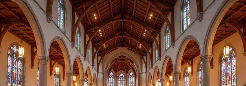 Church sanctuary interior with vaulted ceilings and stained glass windows, showcasing the value of church building investment