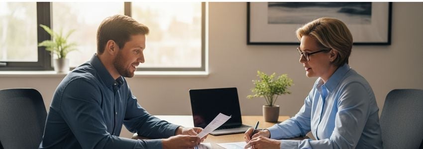 Pastor and financial advisor reviewing church loan financing documents at a professional office meeting