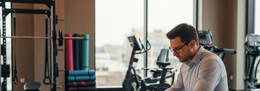Chuze Fitness franchise owner reviewing financing documents inside a modern gym facility