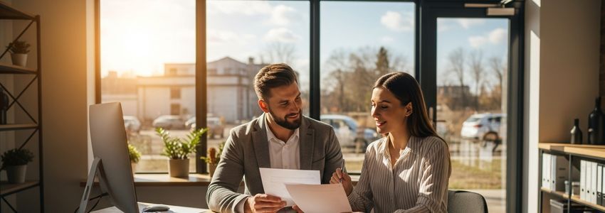A pizza franchise business owner reviewing loan documents with a financial advisor in a modern office setting