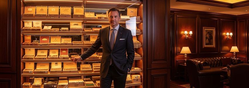 Cigar shop owner standing next to a premium humidor display in an upscale tobacco retail lounge
