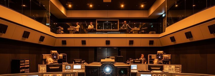 Professional cinema projection room with high-tech digital projector equipment and control station