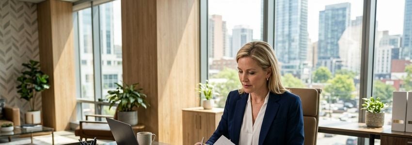 Hotel franchise owner reviewing Clarion Hotels financing documents at a professional office desk