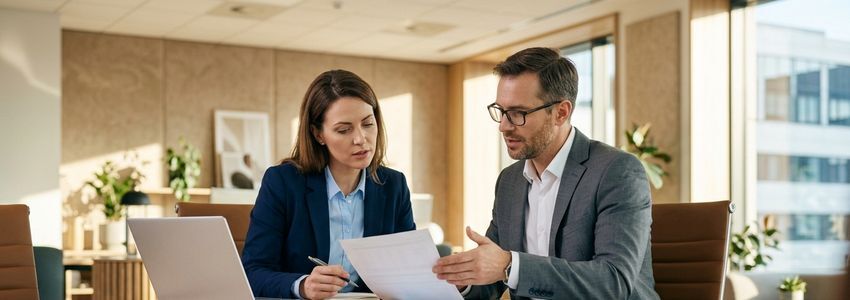 Small business owner reviewing legal settlement documents and financing options with an advisor in a modern office