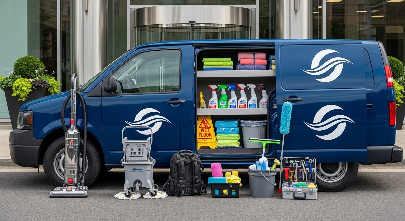 cleaning company van and crew ready to service commercial client, business financing