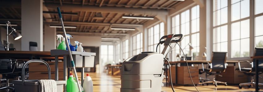 Professional commercial cleaning equipment in a modern office setting - floor polishing machine and cleaning supplies