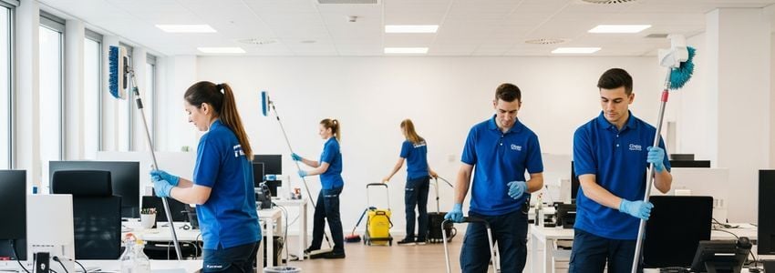Professional cleaning franchise workers in uniforms performing commercial cleaning services in a modern office