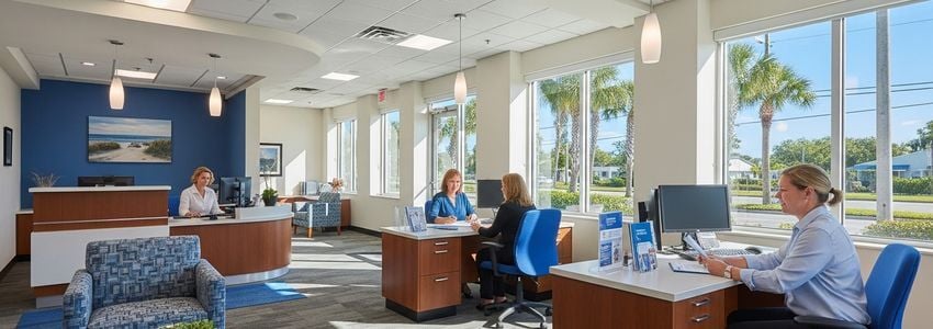 Small business owners reviewing financing options with a loan advisor at a Clearwater, Florida bank branch