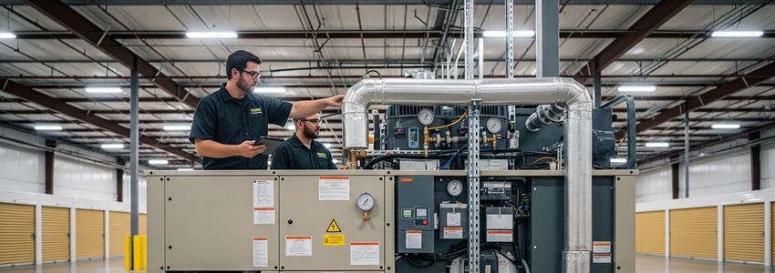 HVAC technician servicing climate control equipment inside a self-storage facility