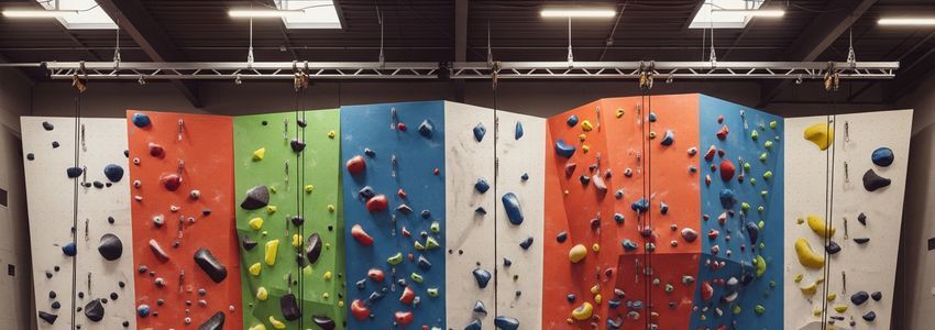 Commercial indoor climbing wall with colorful holds in a professional gym facility