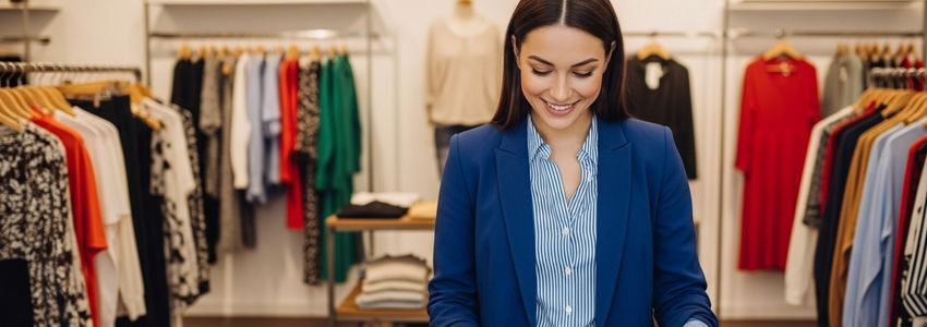 Boutique owner reviewing clothing inventory and financing options at their store
