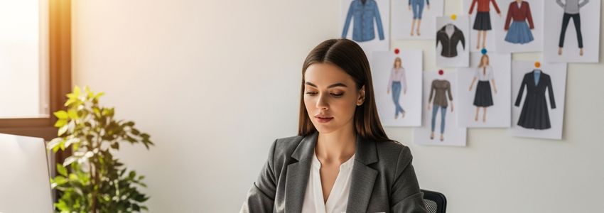 Fashion entrepreneur reviewing clothing brand business loan documents in a modern studio