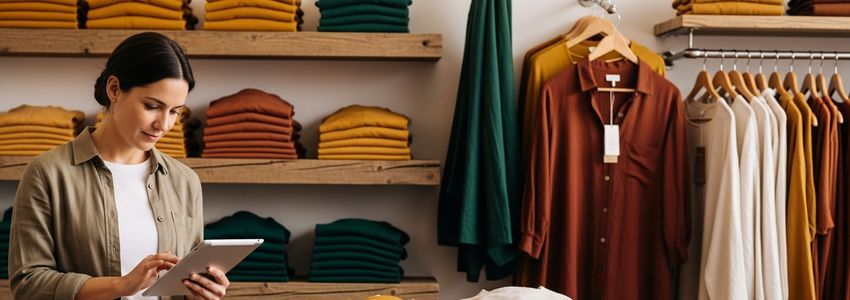Clothing store owner reviewing inventory on a tablet inside a fashion retail shop
