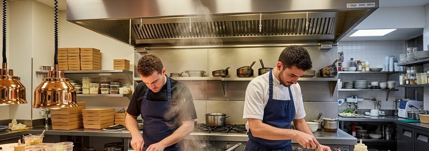 Cloud kitchen chefs preparing food delivery orders in a professional commercial kitchen