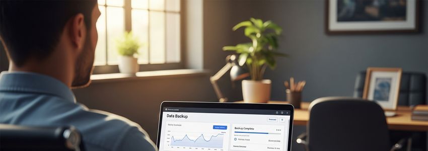 Business owner reviewing cloud storage leasing options on laptop with NAS device in office