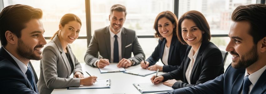 Business professionals reviewing club deal loan agreements at a conference table