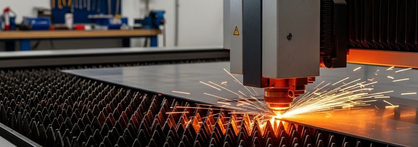 Business owner reviewing CNC and laser cutter leasing documents in fabrication shop