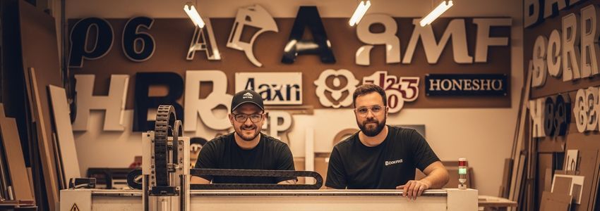 Sign fabrication workers operating a CNC router machine in a professional sign shop