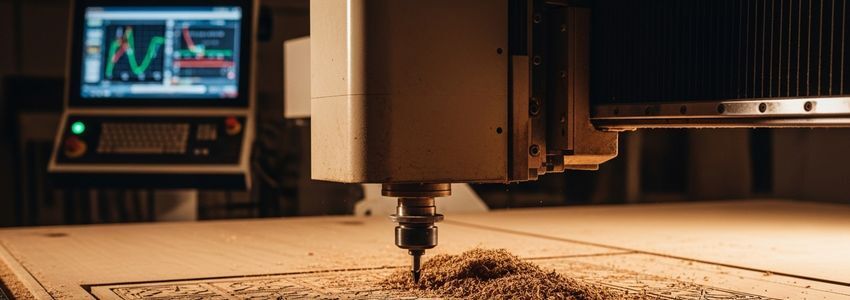 CNC router table precision cutting hardwood in a professional fabrication workshop