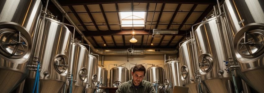 Colorado craft brewery owner reviewing business financing options at a taproom desk with fermentation tanks in background