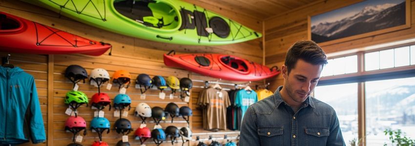 Colorado outdoor recreation business owner reviewing financing options in an outdoor gear shop with kayaks and equipment on display