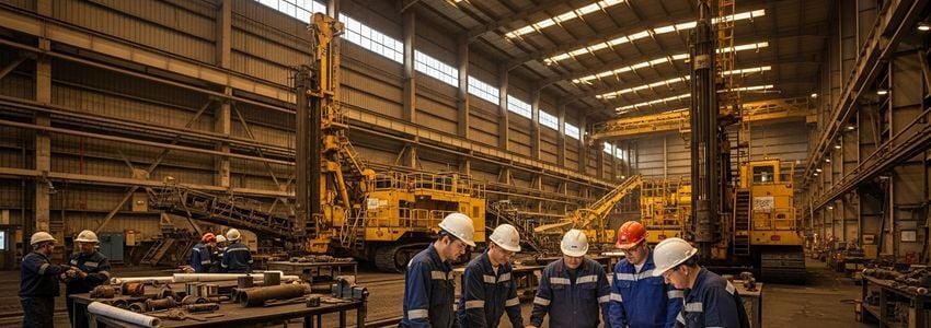 Mining workers reviewing equipment financing plans at a mining facility