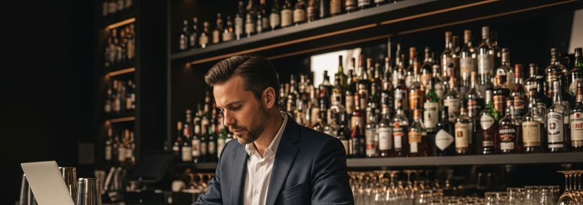 Cocktail bar owner reviewing business loan documents at the bar counter