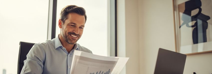 Business owner reviewing financing options for a kids coding school at a modern desk