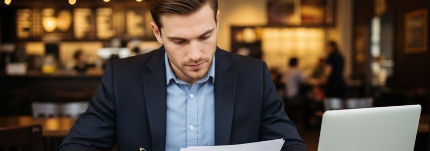 Business owner reviewing Coffee Bean franchise loan documents at a coffee shop table with laptop and paperwork
