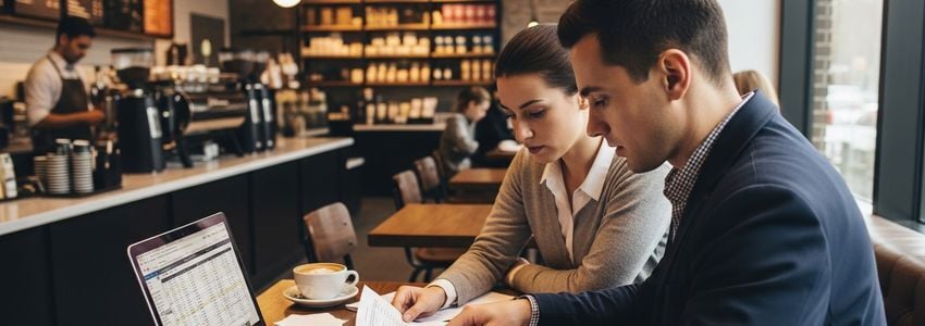 Two business partners reviewing coffee franchise loan documents in a coffee shop