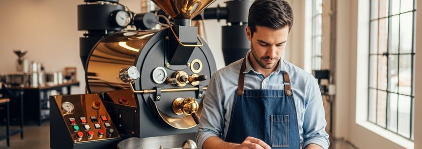 Coffee roasting professional examining roast profile data on a laptop at a modern specialty coffee roastery with a commercial drum roaster in the background
