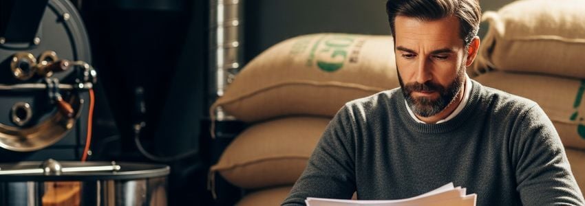 Coffee roastery owner reviewing financing documents with commercial roasting equipment in background