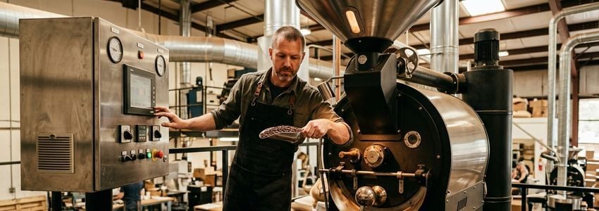Coffee roastery owner operating a commercial drum roaster in a production facility