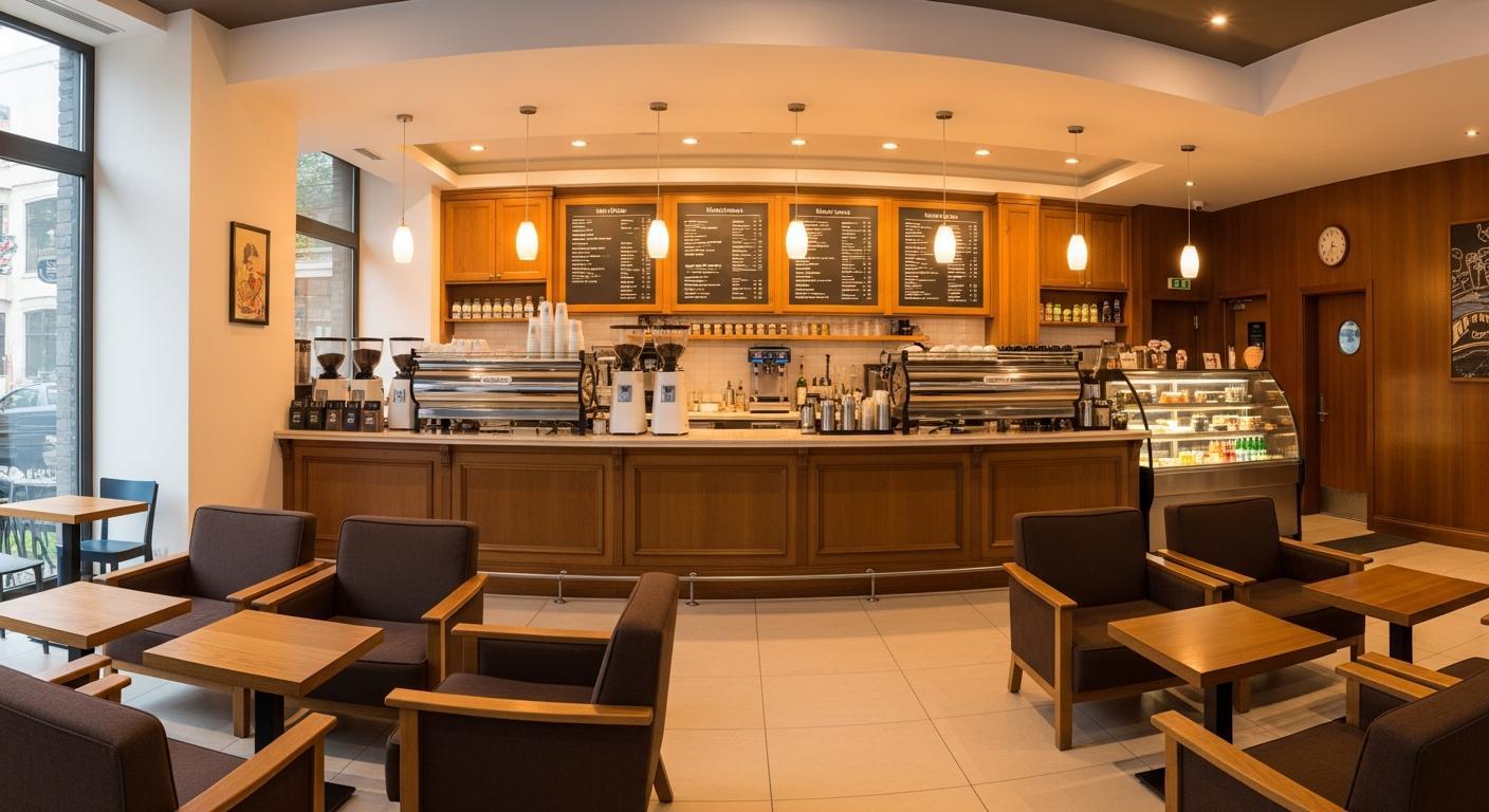 Modern coffee shop interior with espresso machines and warm lighting — coffee shop business loans from Crestmont Capital