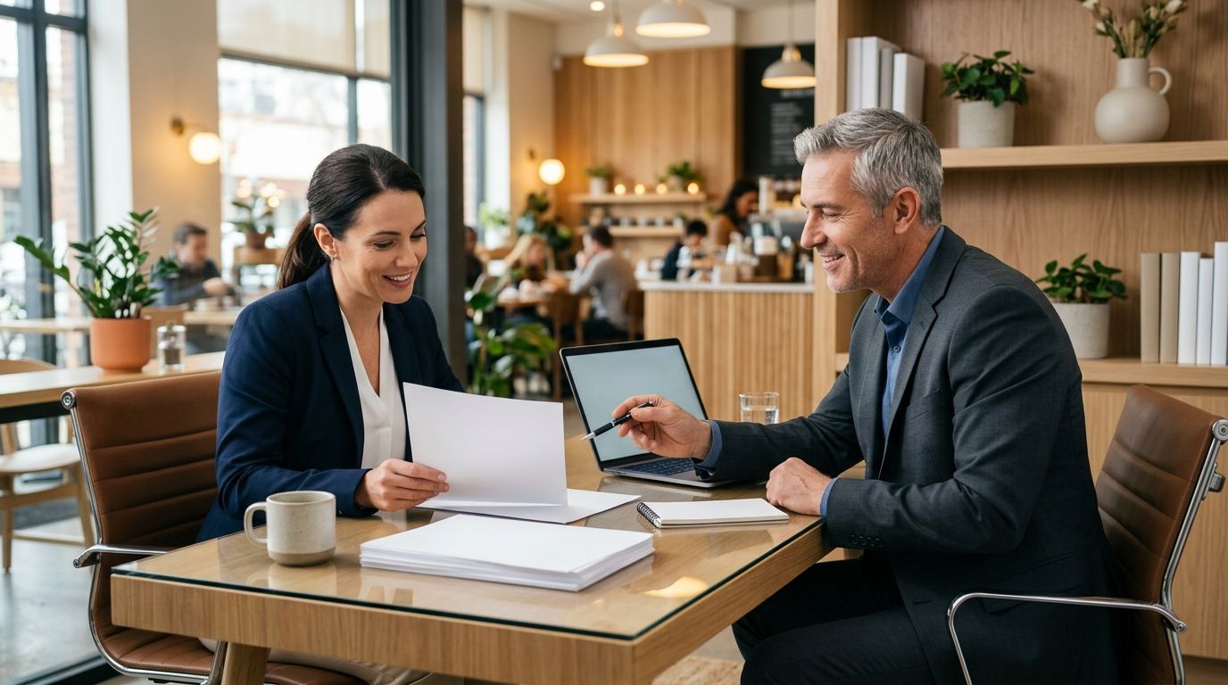 Coffee shop owner reviewing business loan documents with a financial advisor at a modern desk