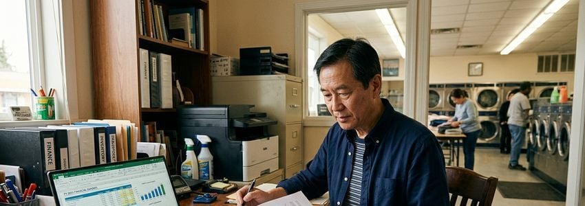 Laundromat owner reviewing business loan financing documents at a desk with commercial washing machines visible in the background