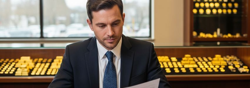 Business owner reviewing financing documents in a coin and precious metal shop