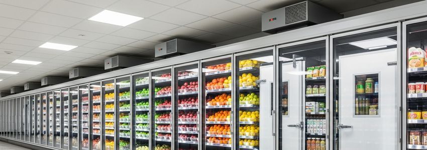 Commercial refrigerated display cases and walk-in cold storage units in a food storage facility