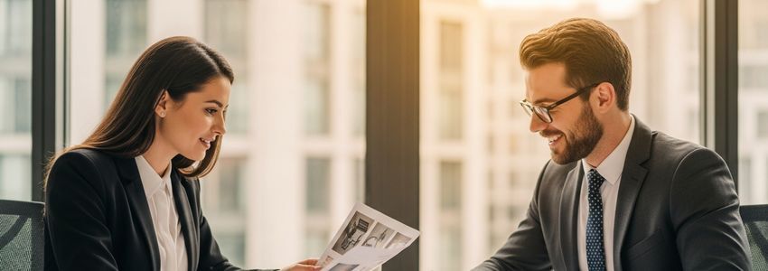 Business professionals reviewing collateral documents for a loan application