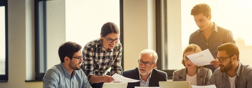Business professionals reviewing unsecured funding options at a modern office
