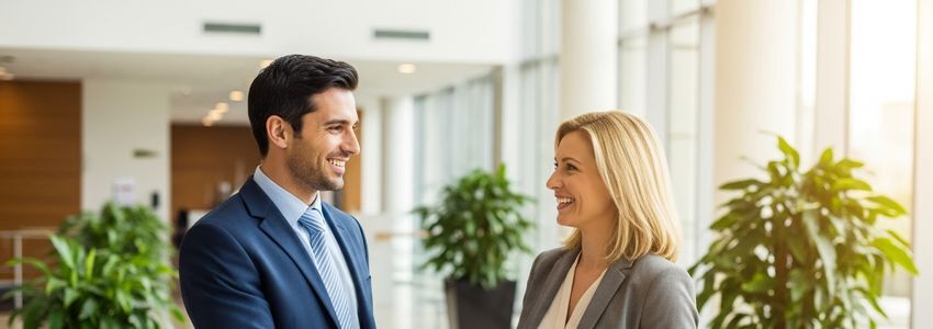 Business professionals discussing collateral-free loan options at a modern office