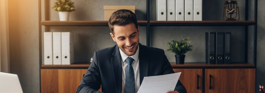 Business owner reviewing loan payoff documents and collateral release paperwork at desk