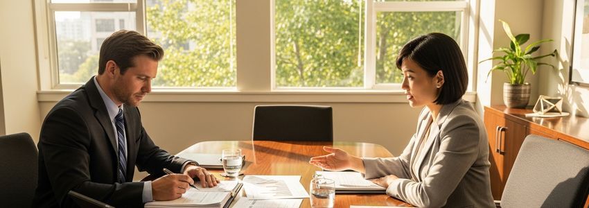 University administrators reviewing business loan documents at a conference table