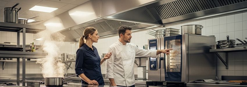 Restaurant kitchen manager discussing combi oven financing options with a chef in a commercial kitchen